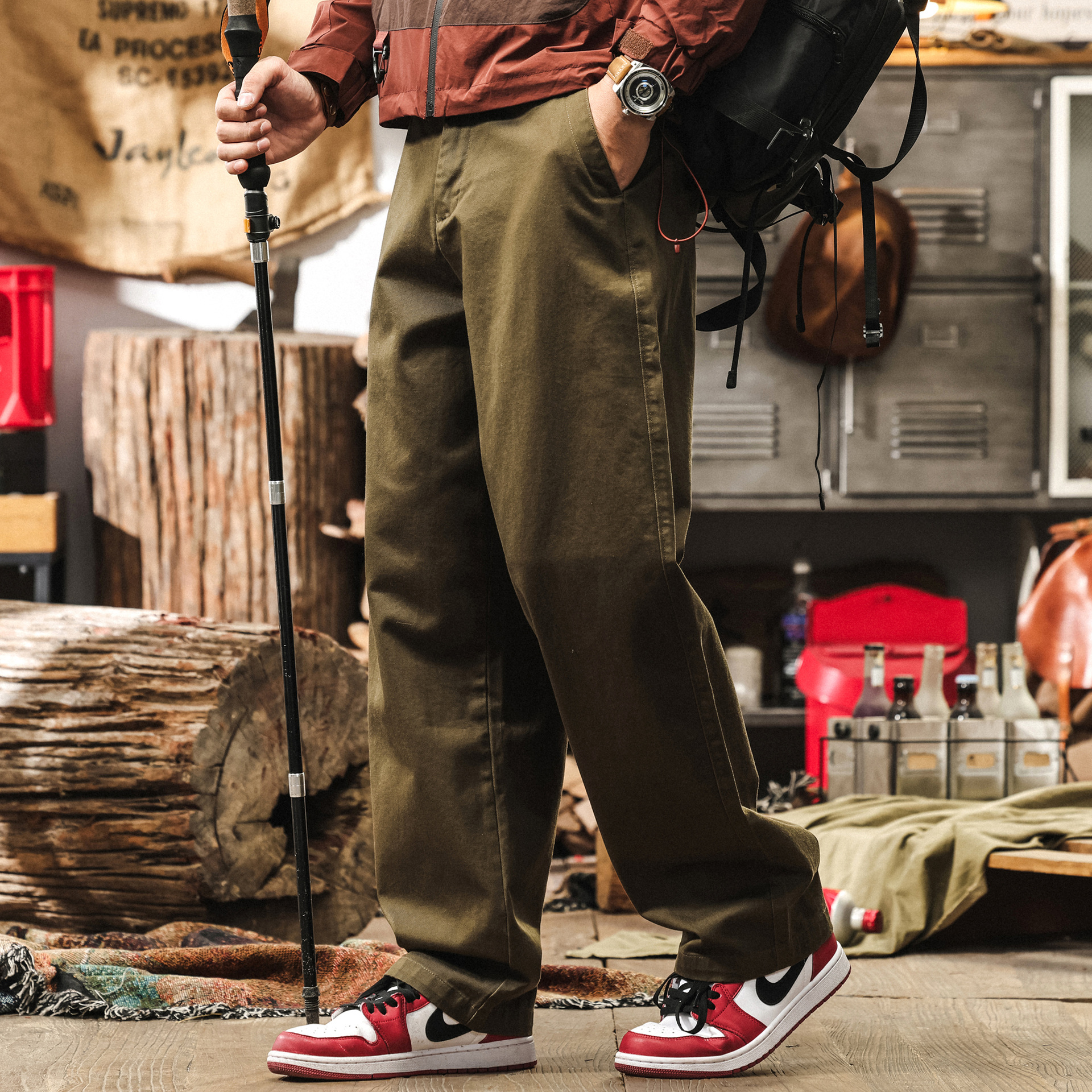 美式復古軍綠色褲子男潮牌直筒水洗闊腿工裝長褲男士寬鬆休閒褲男