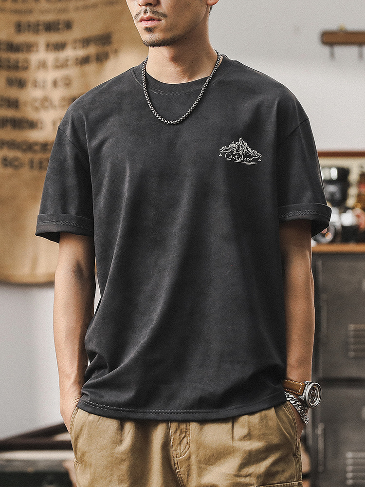 冰感抗皺速乾短袖T恤男夏季美式山系印花上衣雲染洗褪寬鬆男體恤