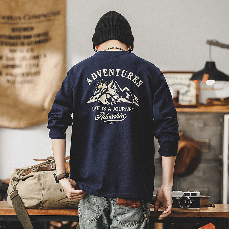 春季新款260g重磅T恤男長袖戶外山系印花2024年潮牌男士上衣