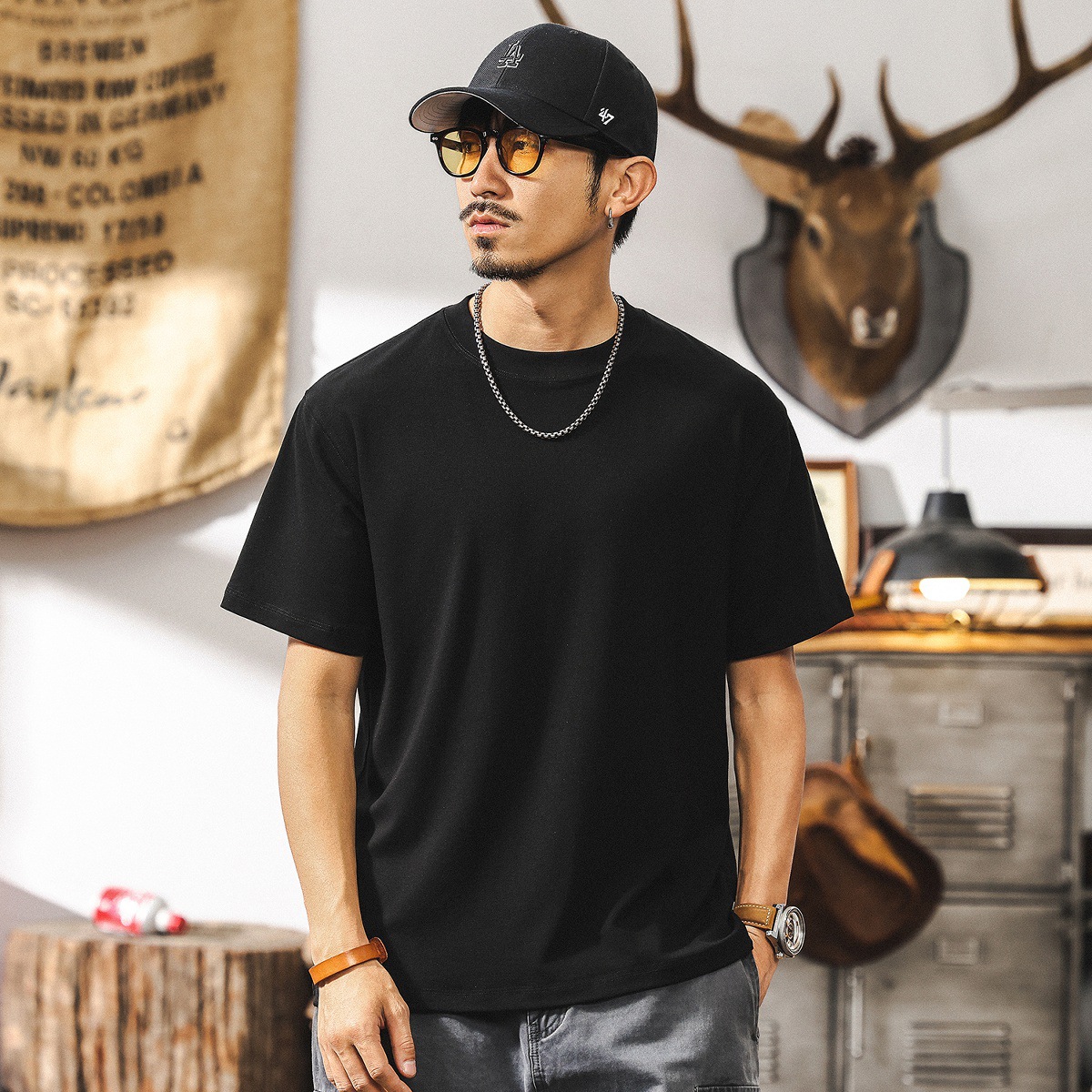 澳洲美莉諾羊毛萊賽爾短袖T恤男夏季美式復古高級感純色百搭上衣