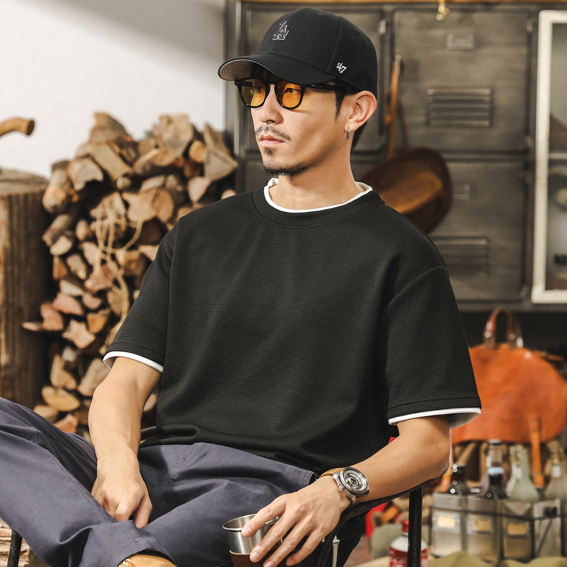 假兩件短袖T恤男夏季新款潮牌華夫格肌理感體恤寬鬆大碼男士上衣T