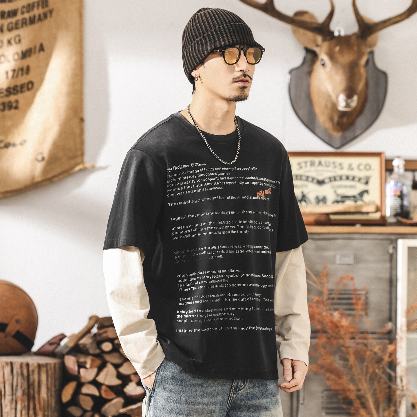 美式復古假兩件長袖t恤男款秋季高街潮牌水洗磨破做舊寬鬆上衣男