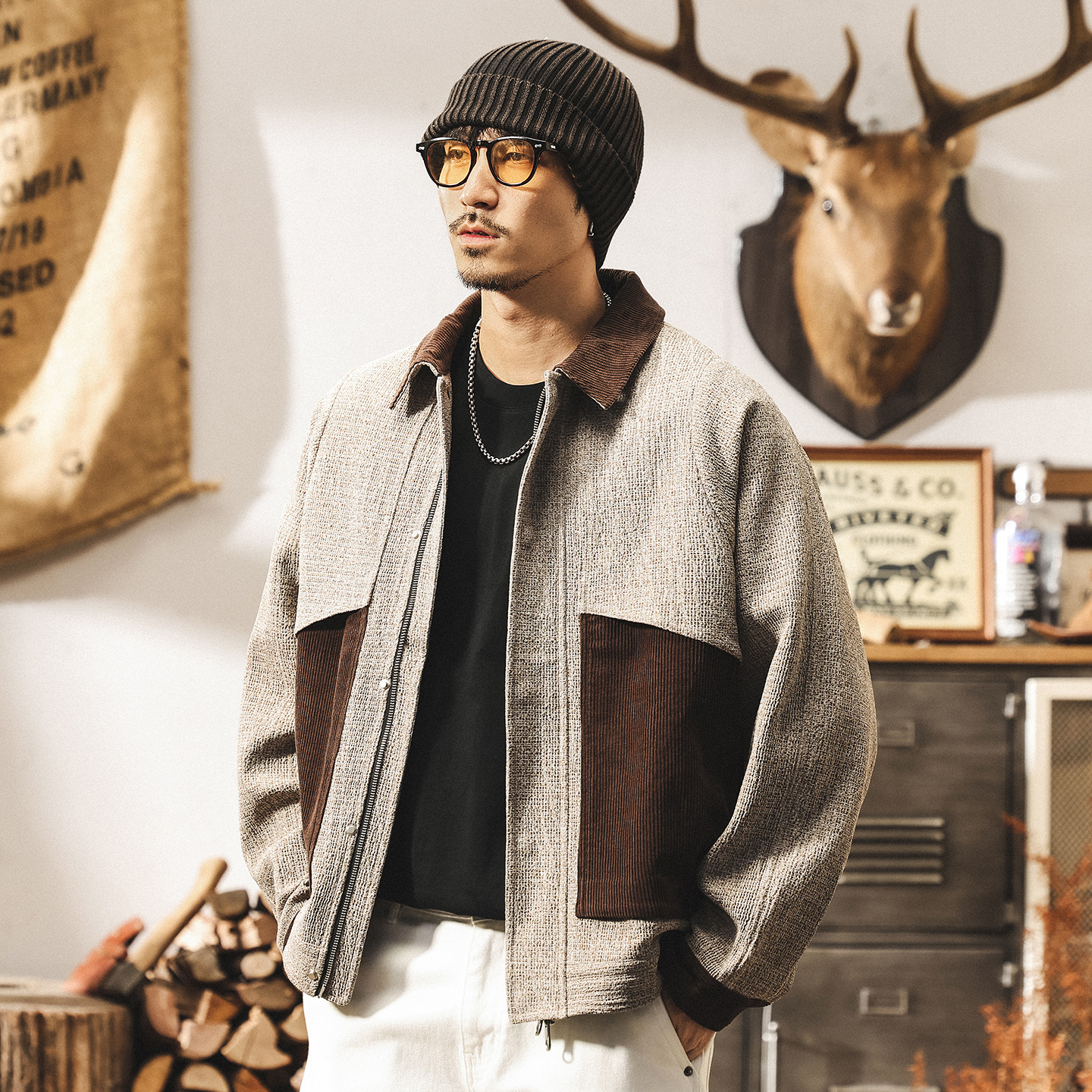 美式復古仿羊毛花紗外套男秋冬款高端潮牌拼接撞色巴恩風工裝夾克