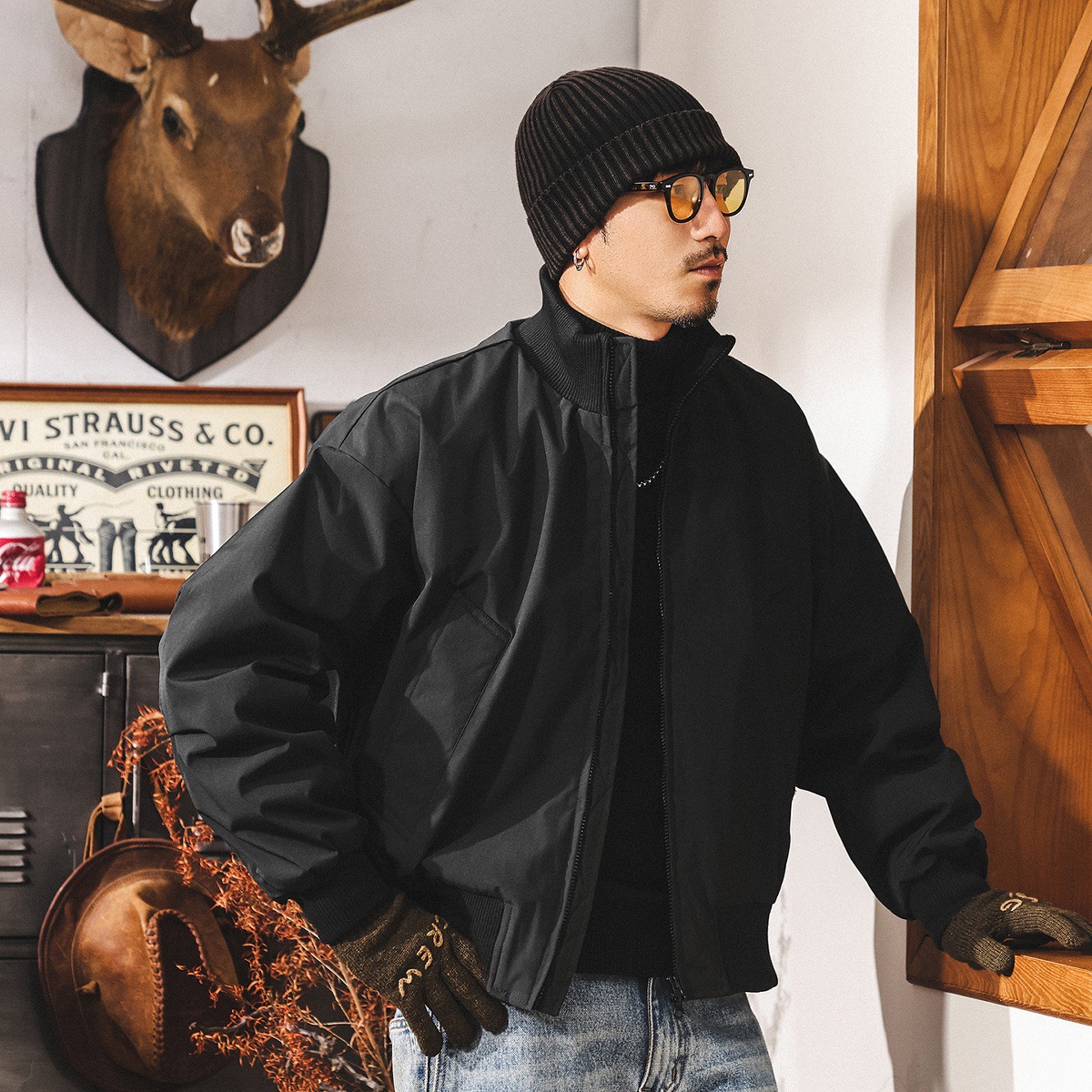 美式復古90鴨絨工裝飛行夾克羽絨服男冬季潮牌短款加厚保暖外套男