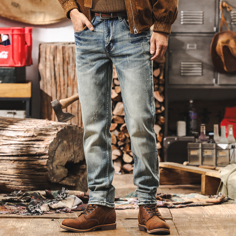 美式復古經典做舊水洗牛仔褲男秋季新款男士休閒褲修身機車長褲潮