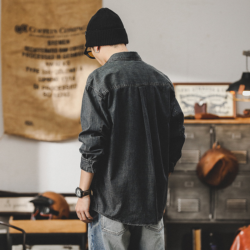 美式重磅復古牛仔襯衫男長袖高級感潮牌寬鬆男士工裝襯衣春季外套