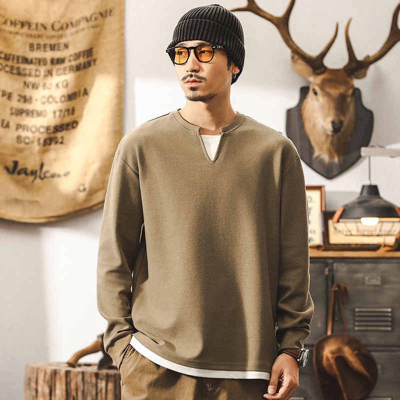 【假兩件】360g重磅長袖T恤男秋季寬鬆美式復古深V領硬漢亨利衫男