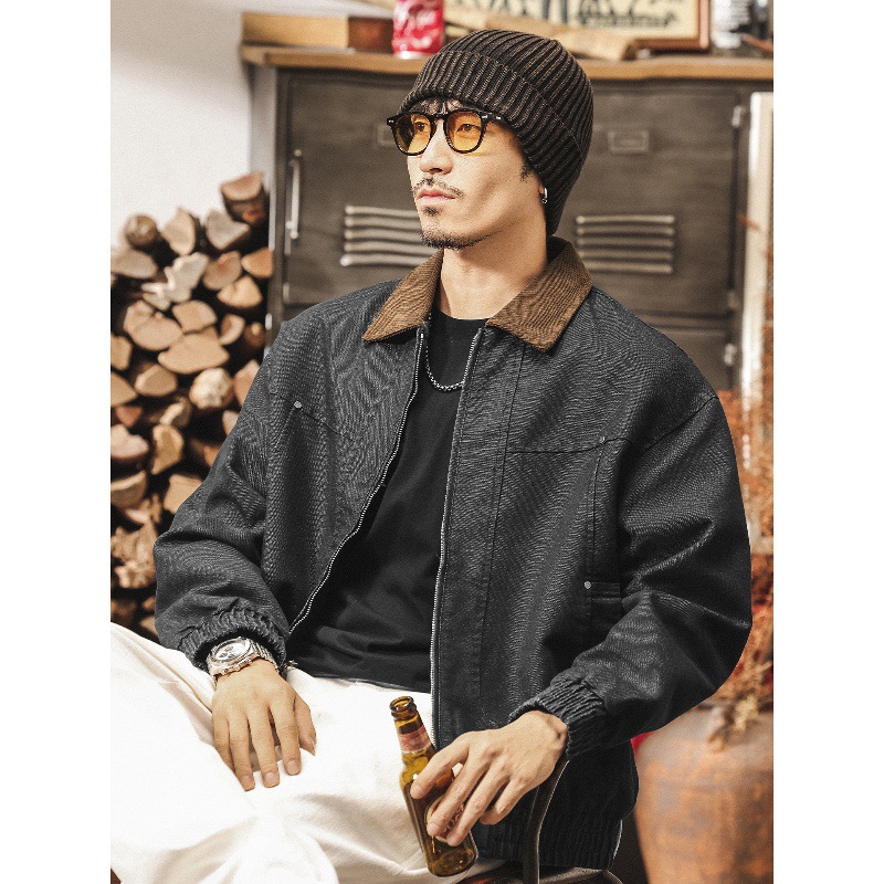 巴恩風工裝外套男春秋新款美式復古霜感帆布寬鬆潮牌硬朗教練夾克