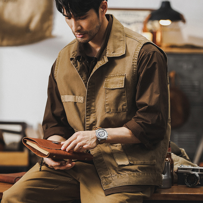 男士外套2024新款美式復古潮牌硬漢獵裝戶外釣魚馬甲短款工裝夾克