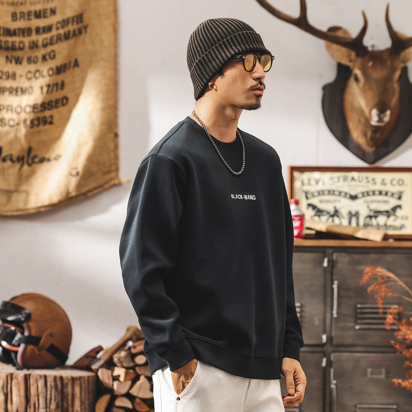 美式復古圓領衛衣男春秋2025新款寬鬆大碼重磅簡約百搭休閒上衣男