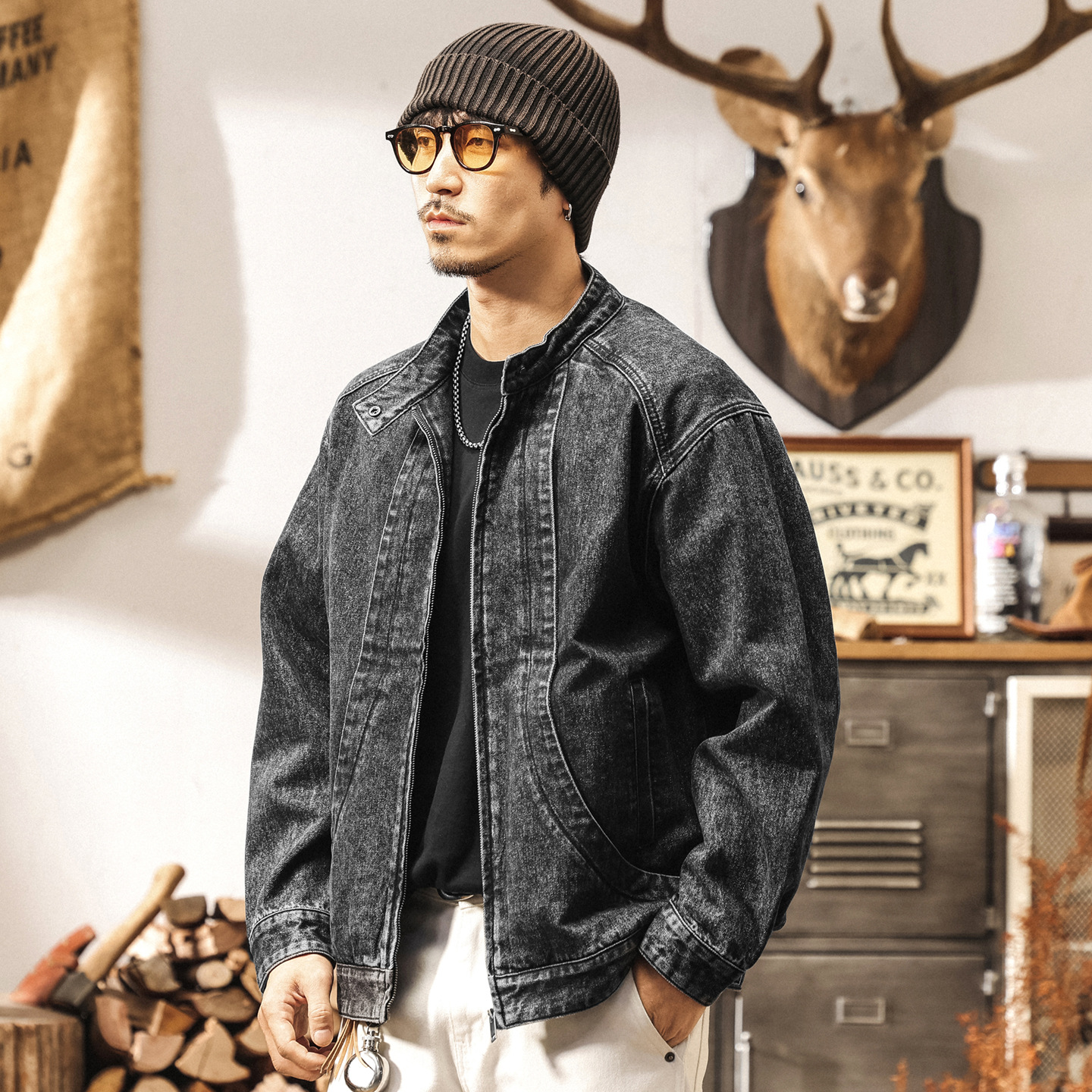 美式重磅復古牛仔外套男春秋2025新款寬鬆重工解構立領機車夾克男