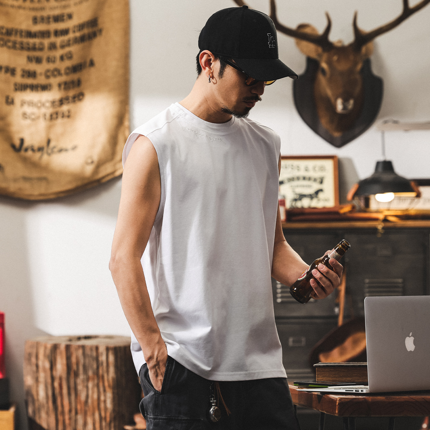 美式復古運動健身背心男夏季寬鬆無袖T恤男寬鬆潮牌白色坎肩上衣