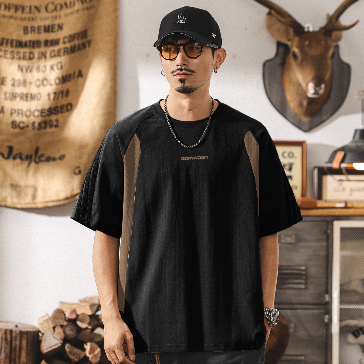 美式夏季新款短袖T恤男士潮牌拼接撞色寬鬆大碼半袖男裝休閒上衣T