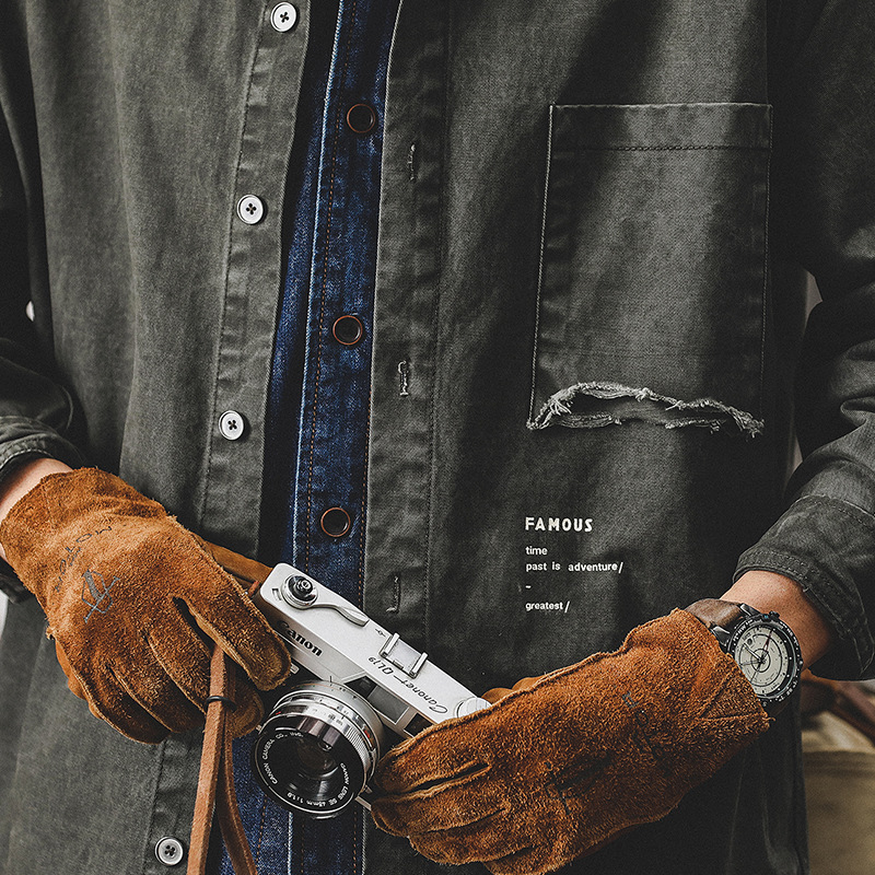 復古洗褪工裝襯衫男長袖寬鬆硬漢獵裝教練夾克外套男春季