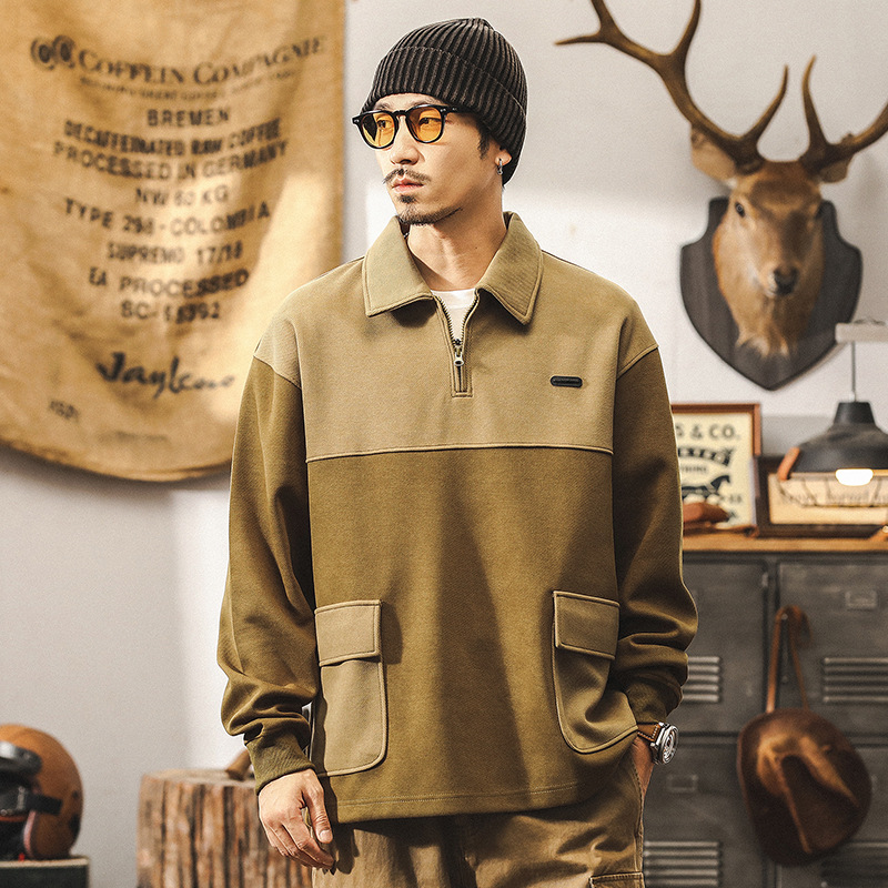 美式復古重磅衛衣男秋季潮牌撞色拼接上衣寬鬆大碼POLO衫男秋冬款