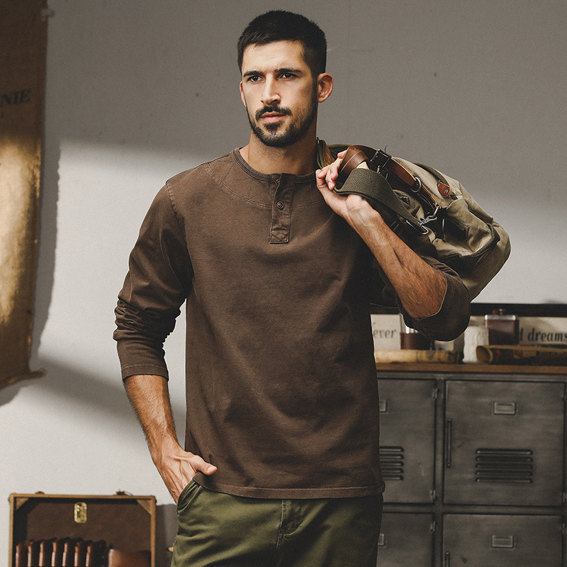 美式重磅復古衛衣男秋冬款潮牌寬鬆大碼水洗做舊打底亨利杉男