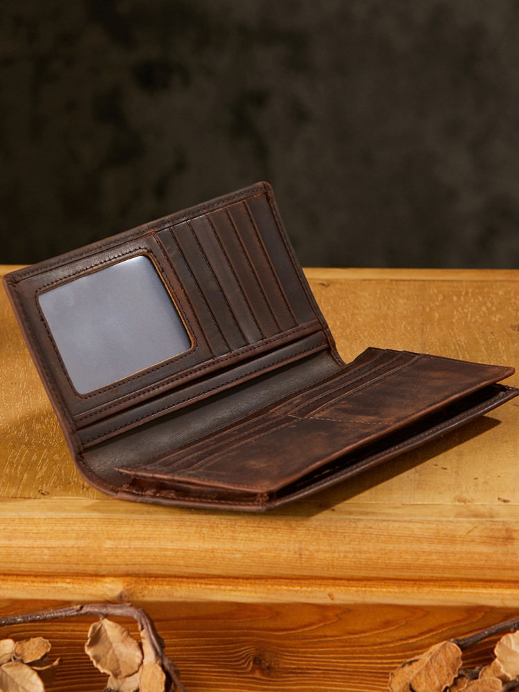 手工真皮男士錢包超薄長款牛皮多卡位皮夾兩折瘋馬皮簡約復古男包