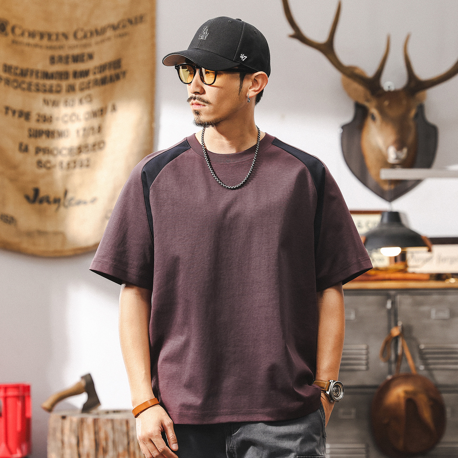 美式復古拼色短袖T恤男夏季2025新款潮牌寬鬆潮流紫色多巴胺上衣