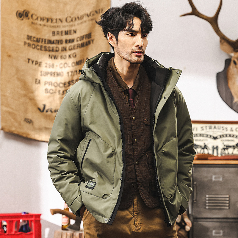 美式復古90絨石墨烯羽絨服男冬季戶外機能連帽工裝派克服男士外套