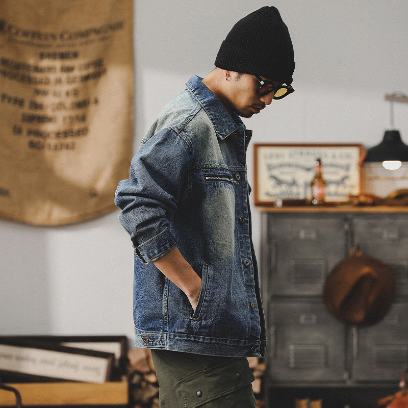 美式經典工裝夾克男春秋2024新款痞帥做舊磨白納米水洗牛仔外套男