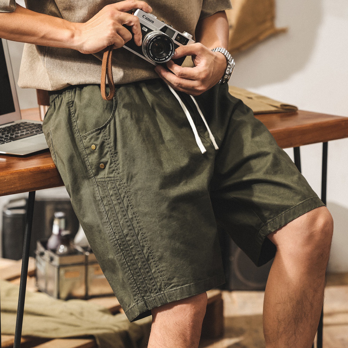 山系戶外軍綠色工裝短褲男寬鬆2025新款美式復古痞帥休閒五分中褲