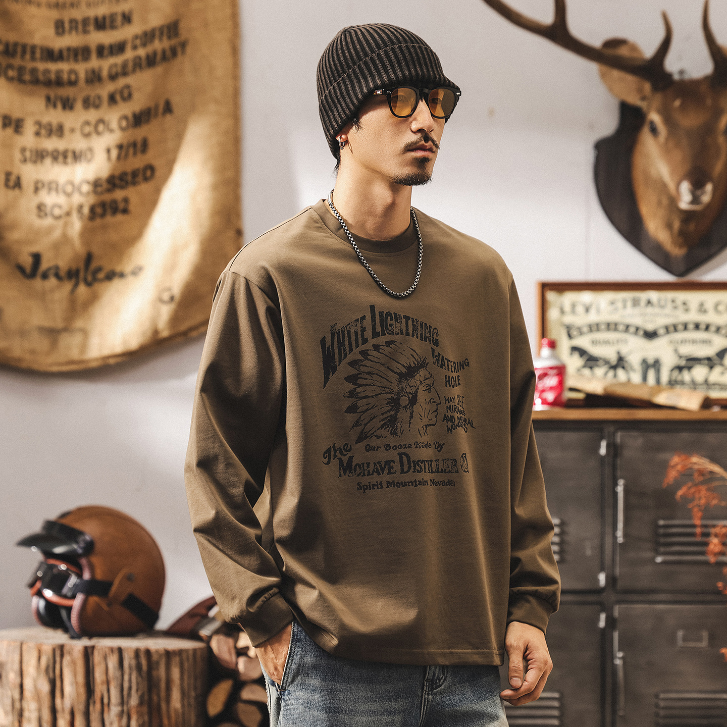 美式復古長袖男t恤春秋2025新款印第安納部落寬鬆休閒上衣純棉T男