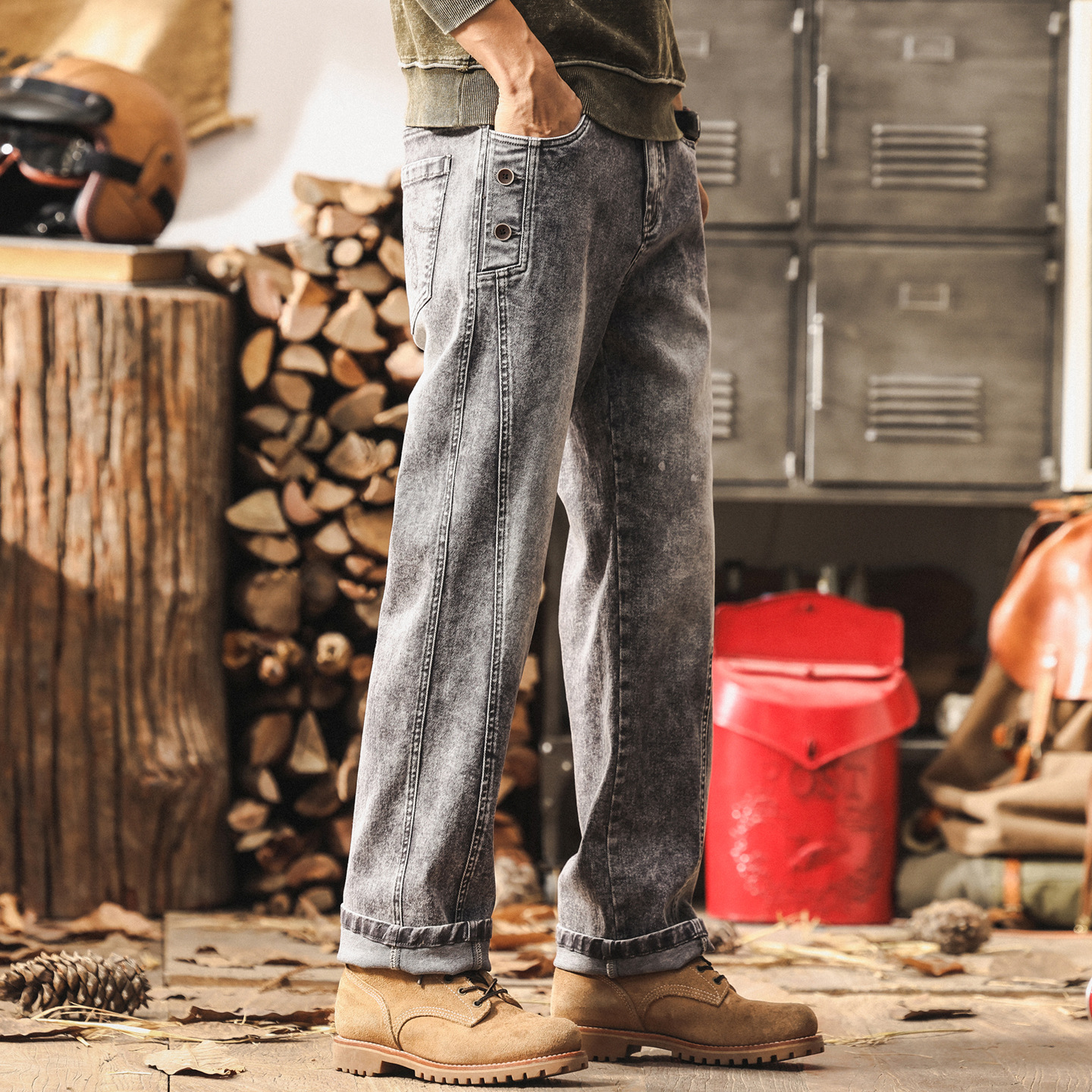 美式復古菸灰色牛仔褲男直筒2025新款工裝褲子男秋季潮牌休閒長褲