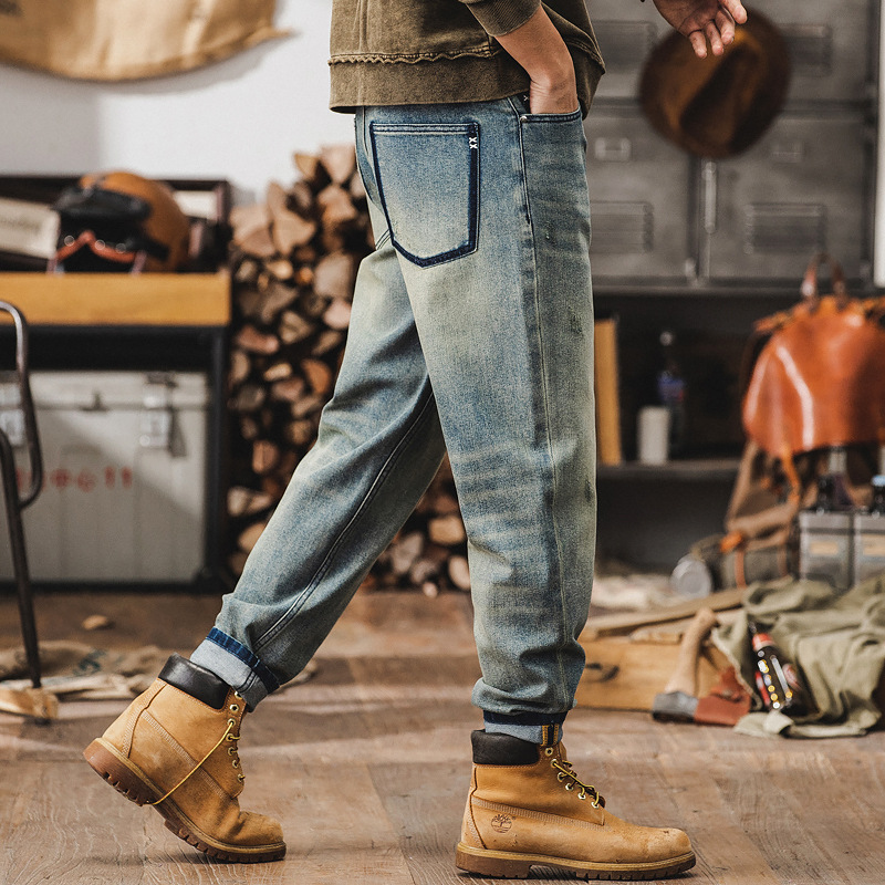 春季新款泥染復古牛仔褲男寬鬆直筒潮牌褲子男春秋做舊水洗休閒褲