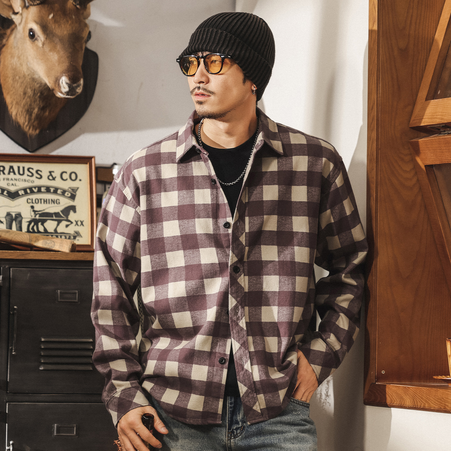 美式復古斜紋萊賽爾格子長袖襯衫男春秋新款寬鬆潮流紫色襯衣外套