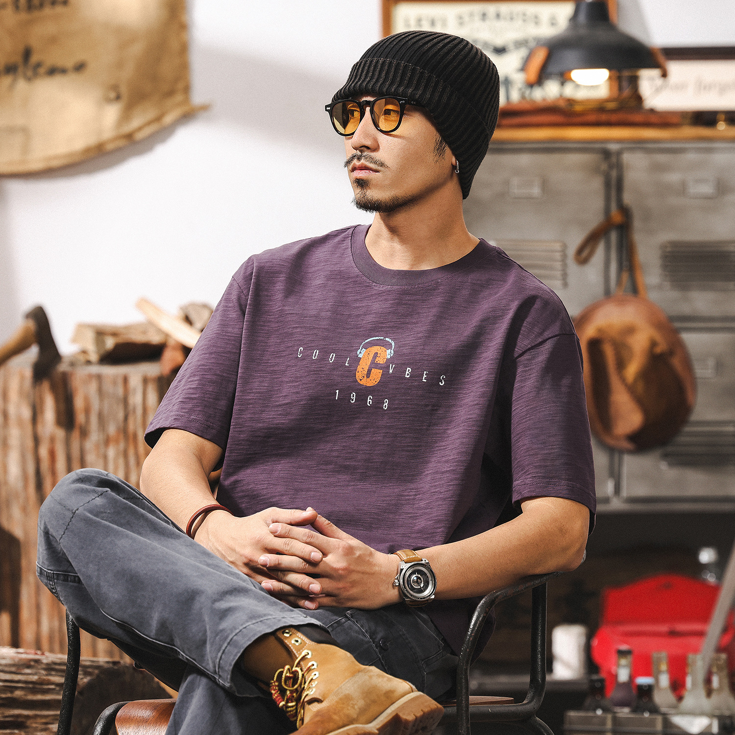 美式重磅竹節棉男T恤短袖夏季2025新款潮牌寬鬆日系復古半袖T衣服