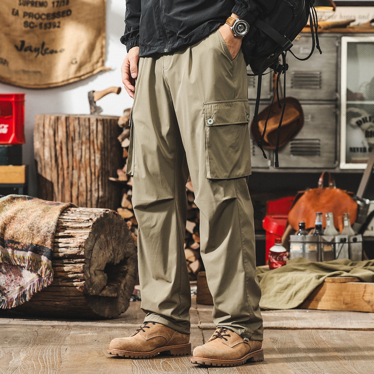 冰絲順滑工裝褲子男寬鬆夏季薄款美式山系城市戶外速幹男士休閒褲