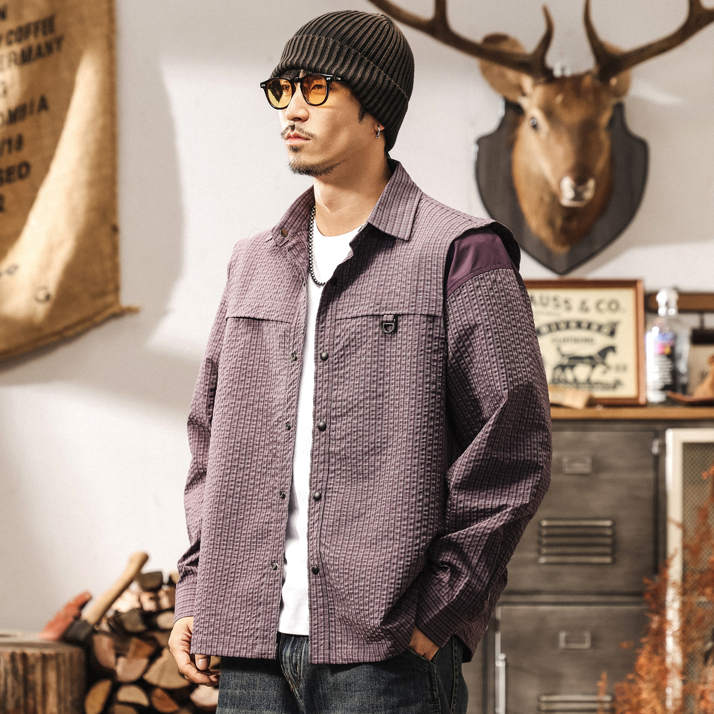 美式復古空氣層蓬鬆感格子襯衫男長袖2025新款寬鬆男士外套春秋款