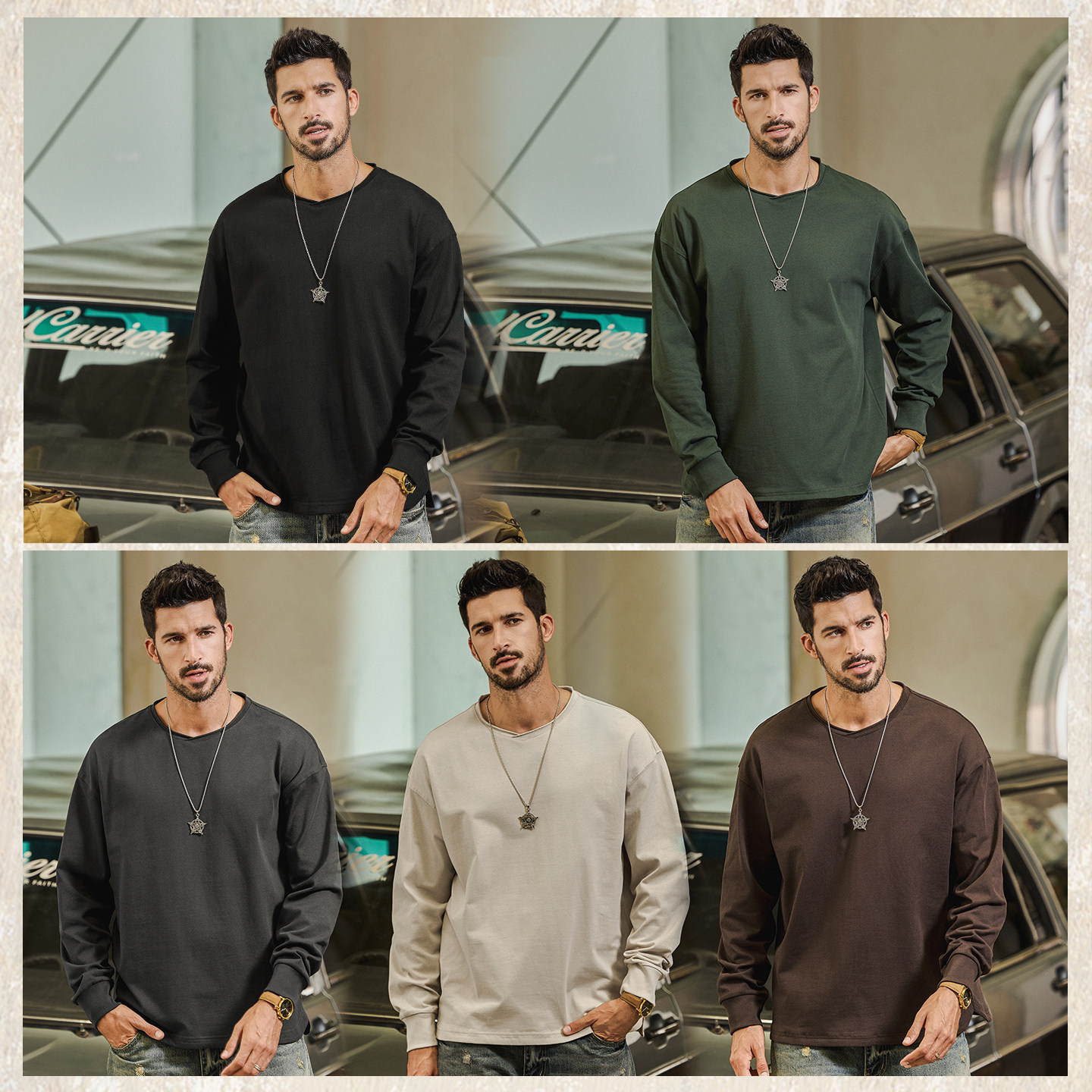 美式復古重磅長袖T恤男春季新款基礎內搭男士打底衫寬鬆上衣