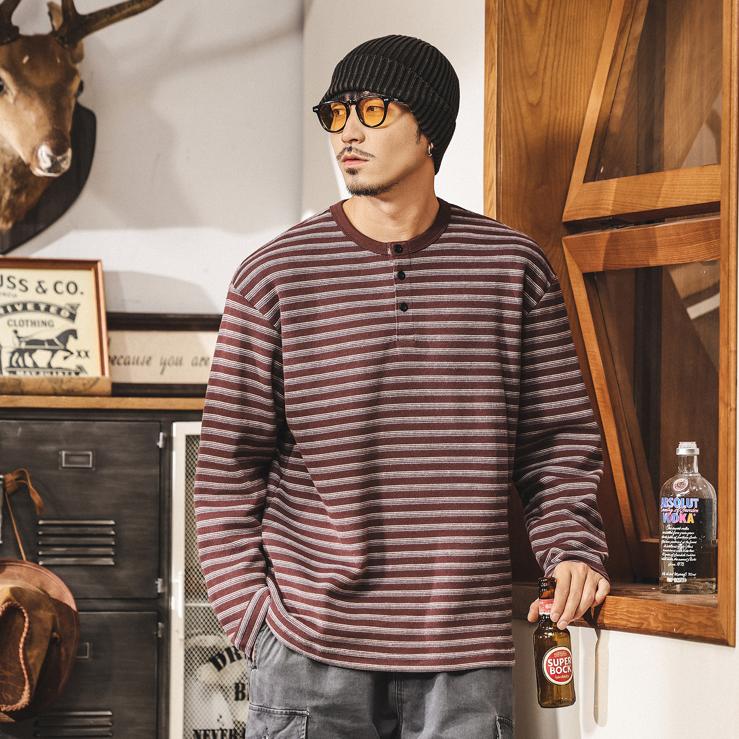 美式復古360g重磅衛衣男秋季新款針織條紋海魂衫亨利領長袖polo衫