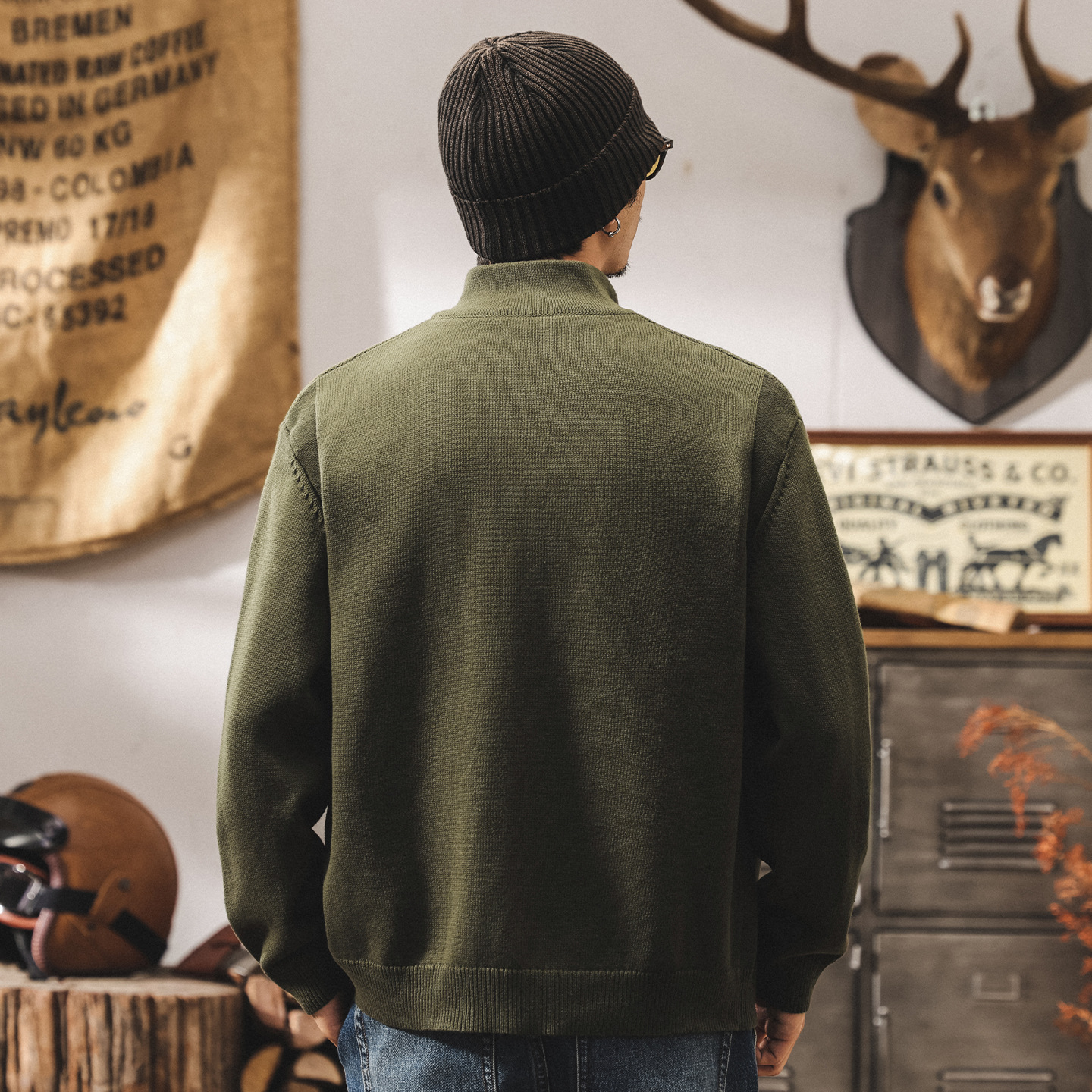 美式復古重磅開衫毛衣男春秋新款寬鬆慵懶半高領針織衫外套男秋冬