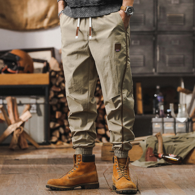 卡其色薄款夏季褲子男2024新款寬鬆束腳褲潮牌撞色設計男士休閒褲