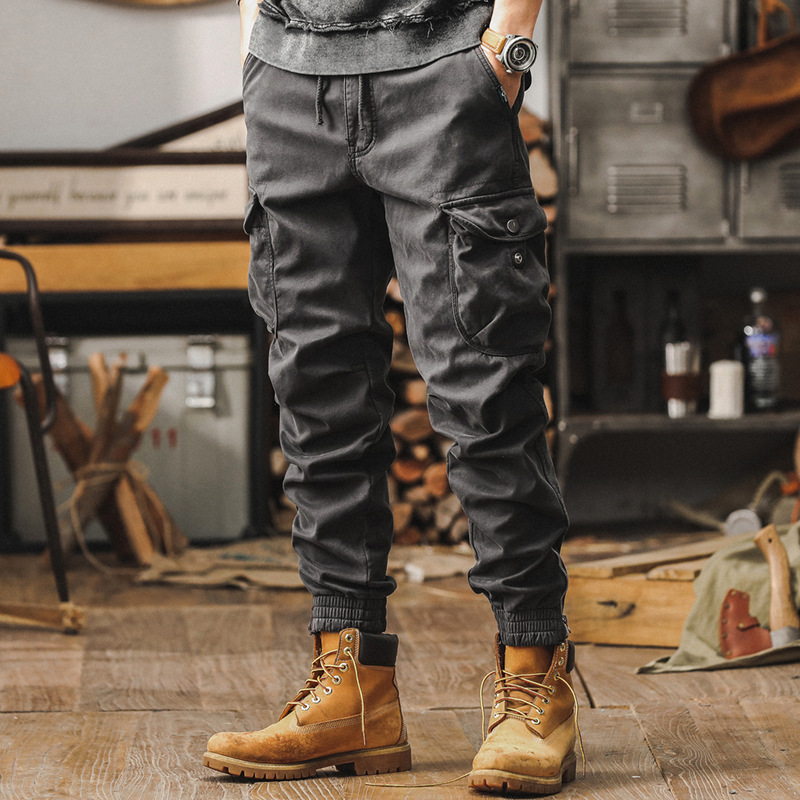 美式復古秋季工裝褲子男2024新款寬鬆休閒褲戶外機能戰術束腳褲男