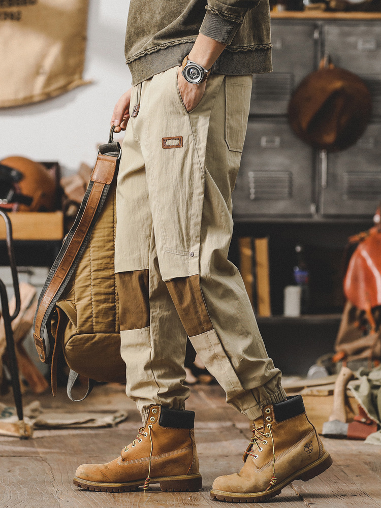 高級感工裝褲子男春季寬鬆直筒男士休閒褲設計感拼色束腳哈倫褲男