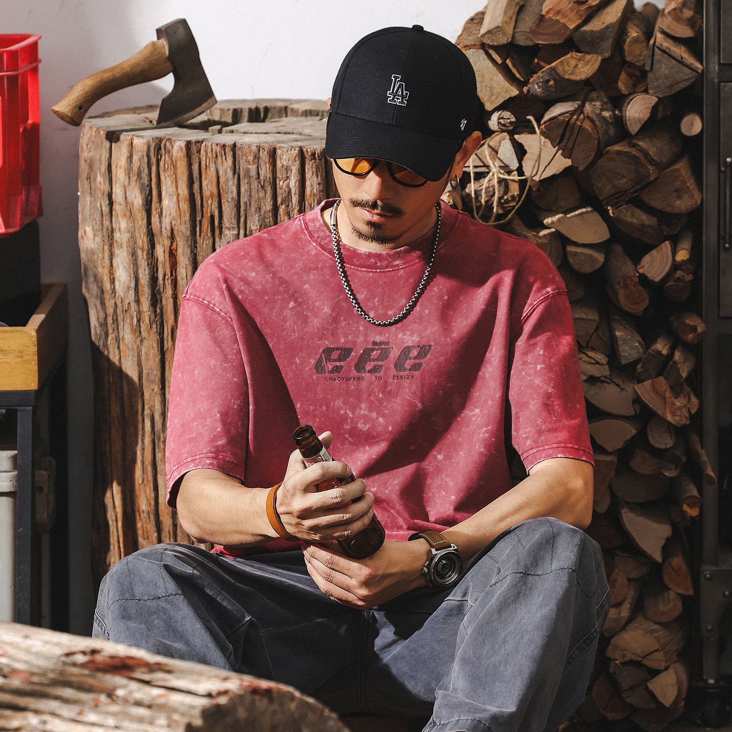 260g重磅酵素做舊水洗西瓜紅短袖男款夏季T恤男寬鬆潮牌上衣