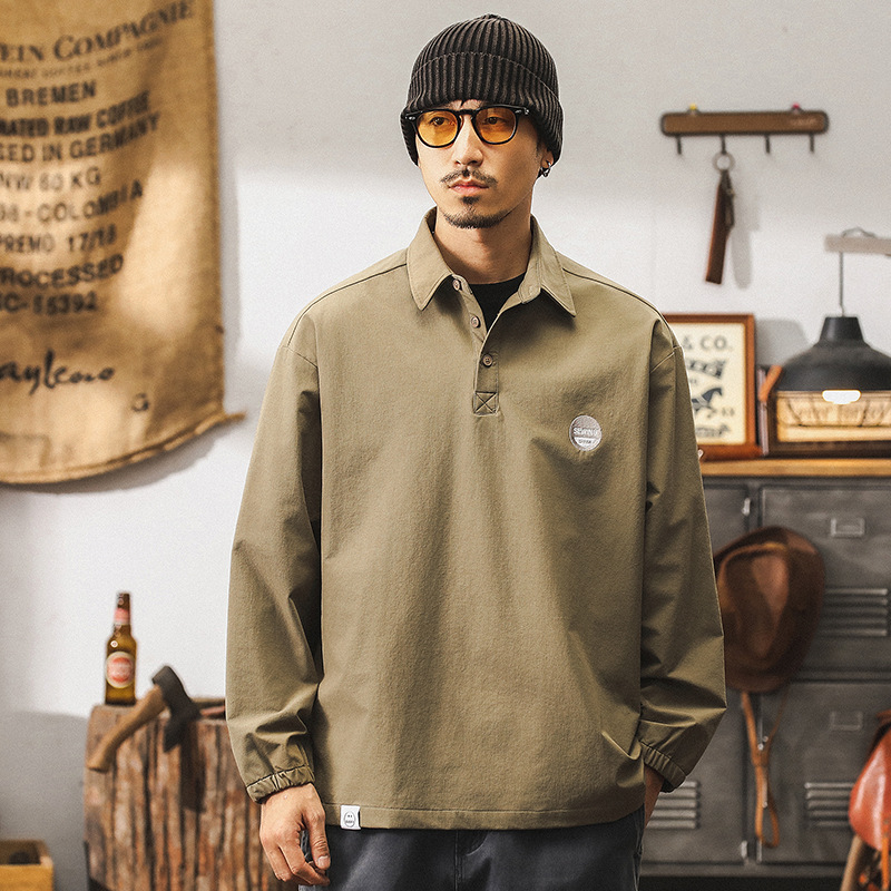 【四面彈力】美式山系復古POLO領襯衫男長袖寬鬆秋季戶外休閒襯衣
