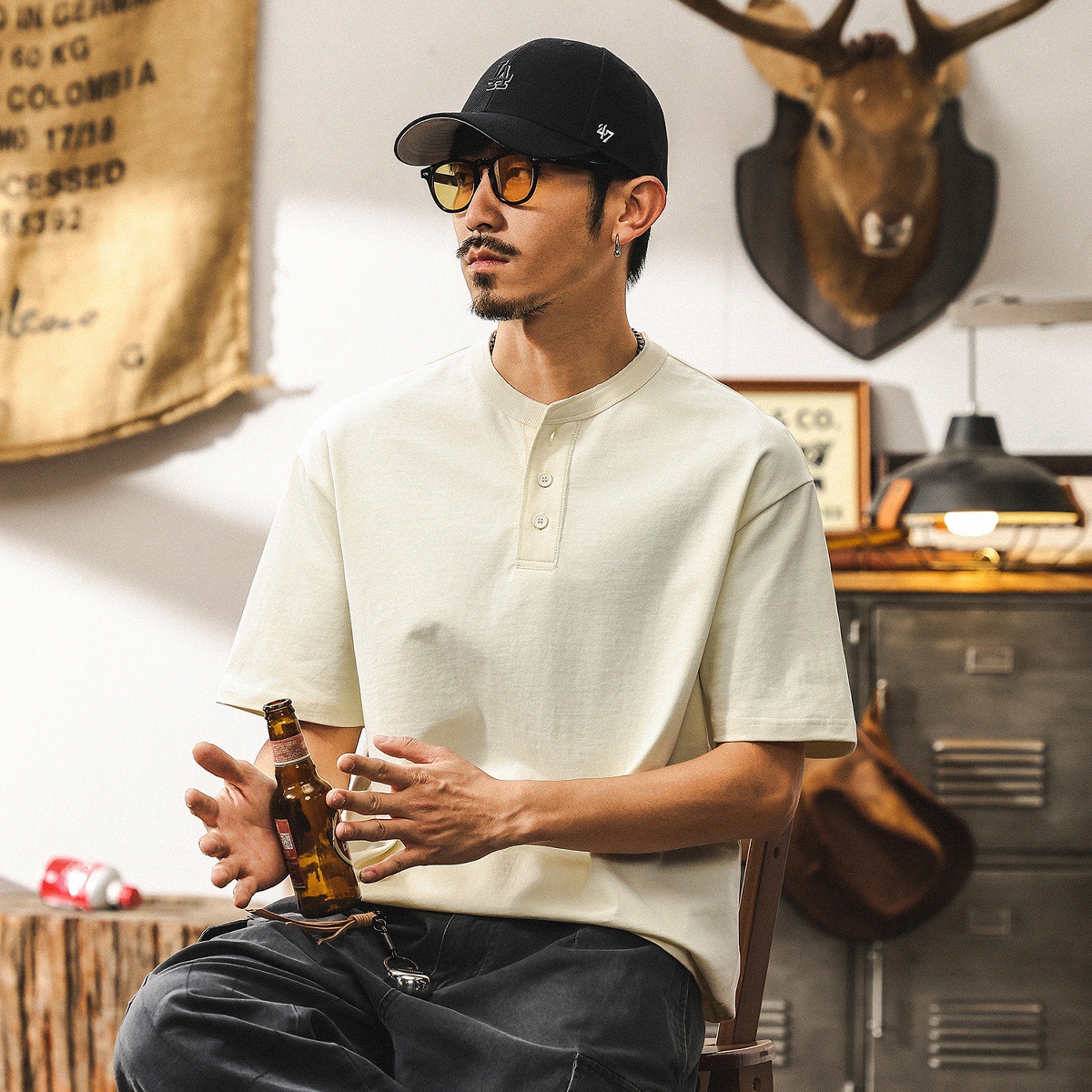 美式復古300g重磅T恤男夏季亨利領短袖男士polo衫潮牌寬鬆上衣男