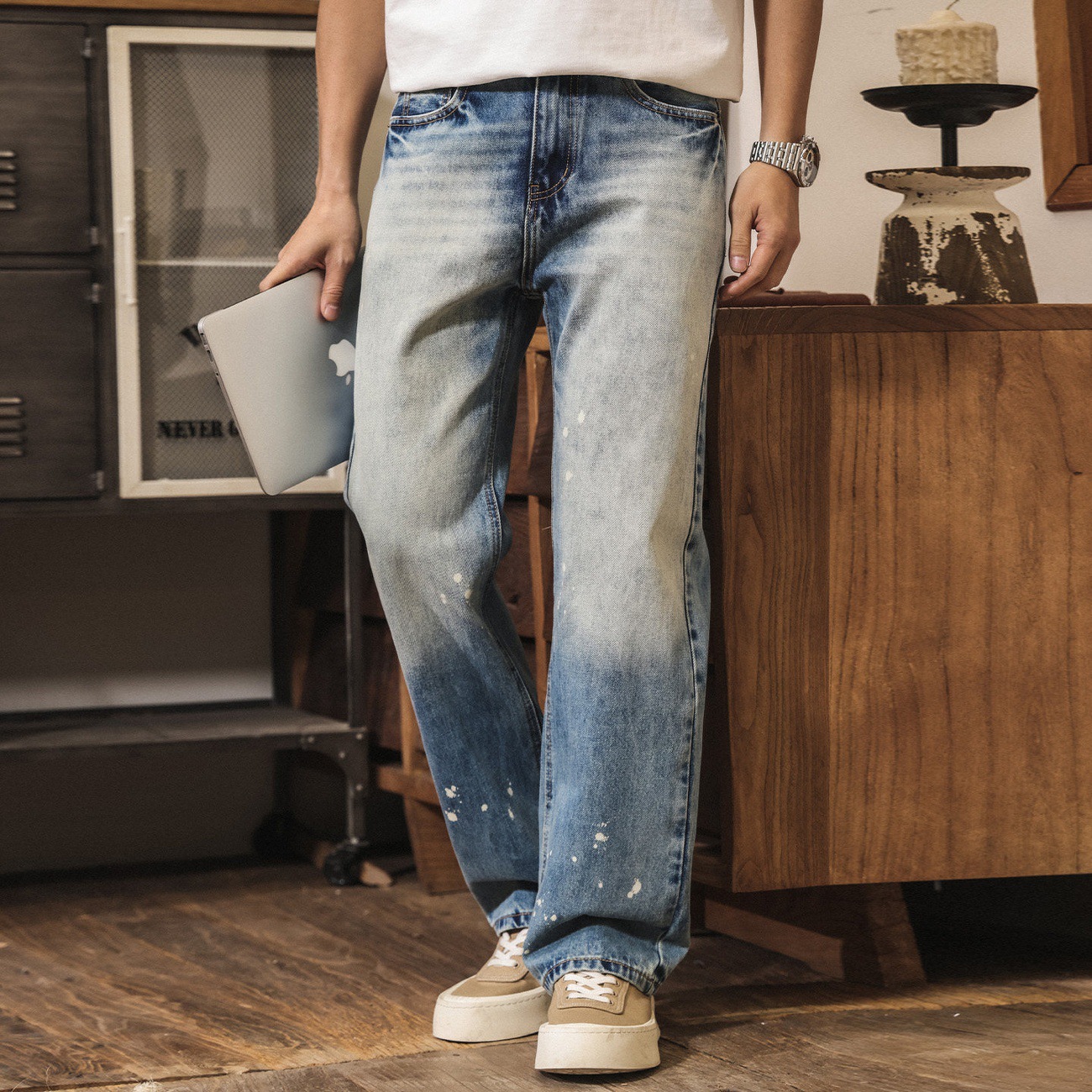 美式復古重工石磨水洗牛仔褲男款春季潮流潑墨直筒寬鬆男士休閒褲