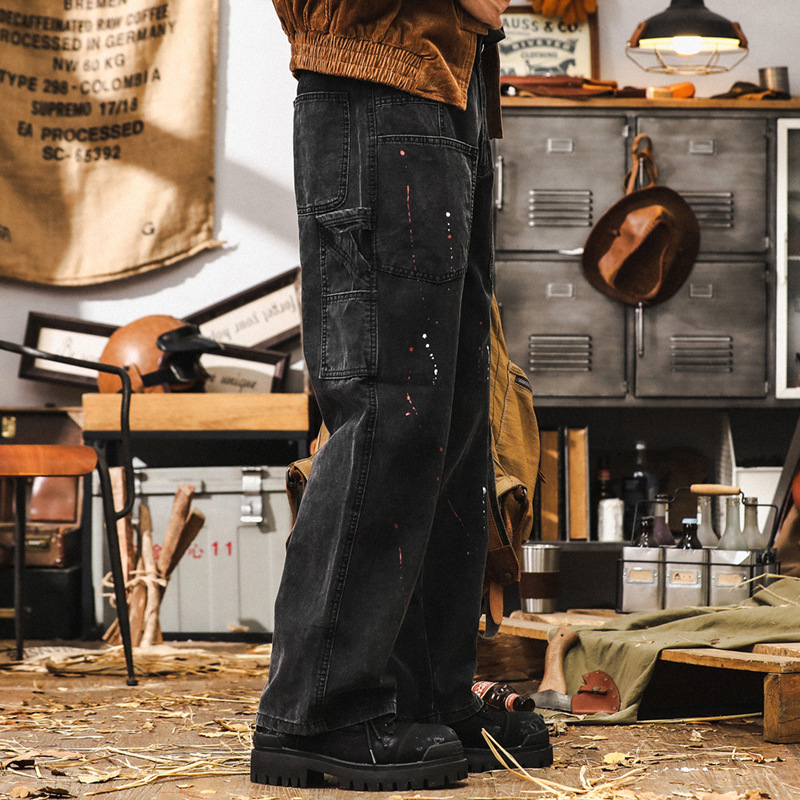 美式復古工裝牛仔褲男秋季寬鬆休閒褲2024新款潮流潑墨直筒褲子男