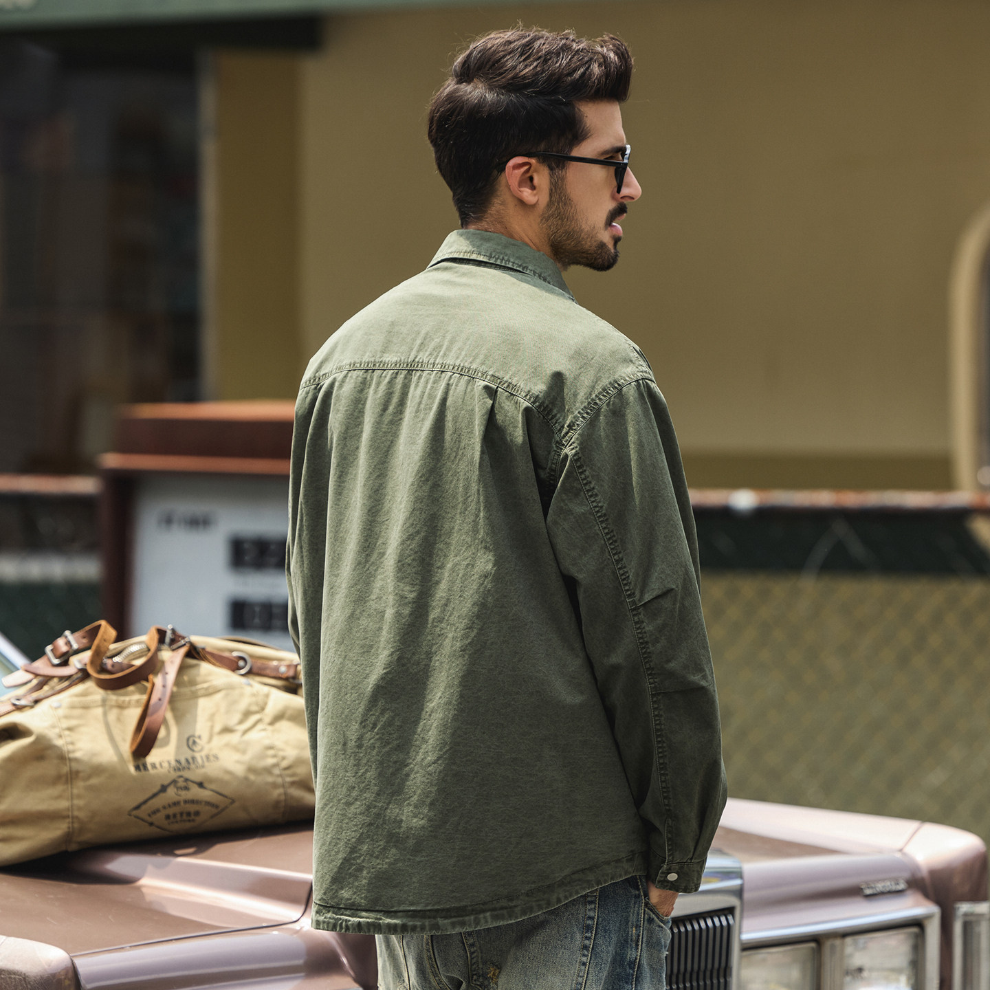 美式復古春季新款男士外套拼接潮牌襯衫式寬鬆休閒春秋工裝夾克男