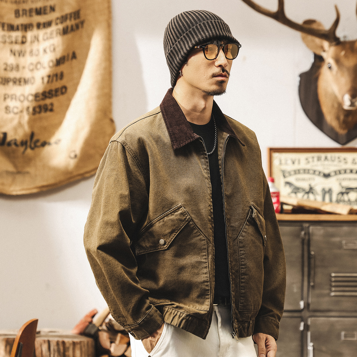 美式復古工裝夾克男春秋2025新款寬鬆潮牌美拉德咖色外套男款秋季