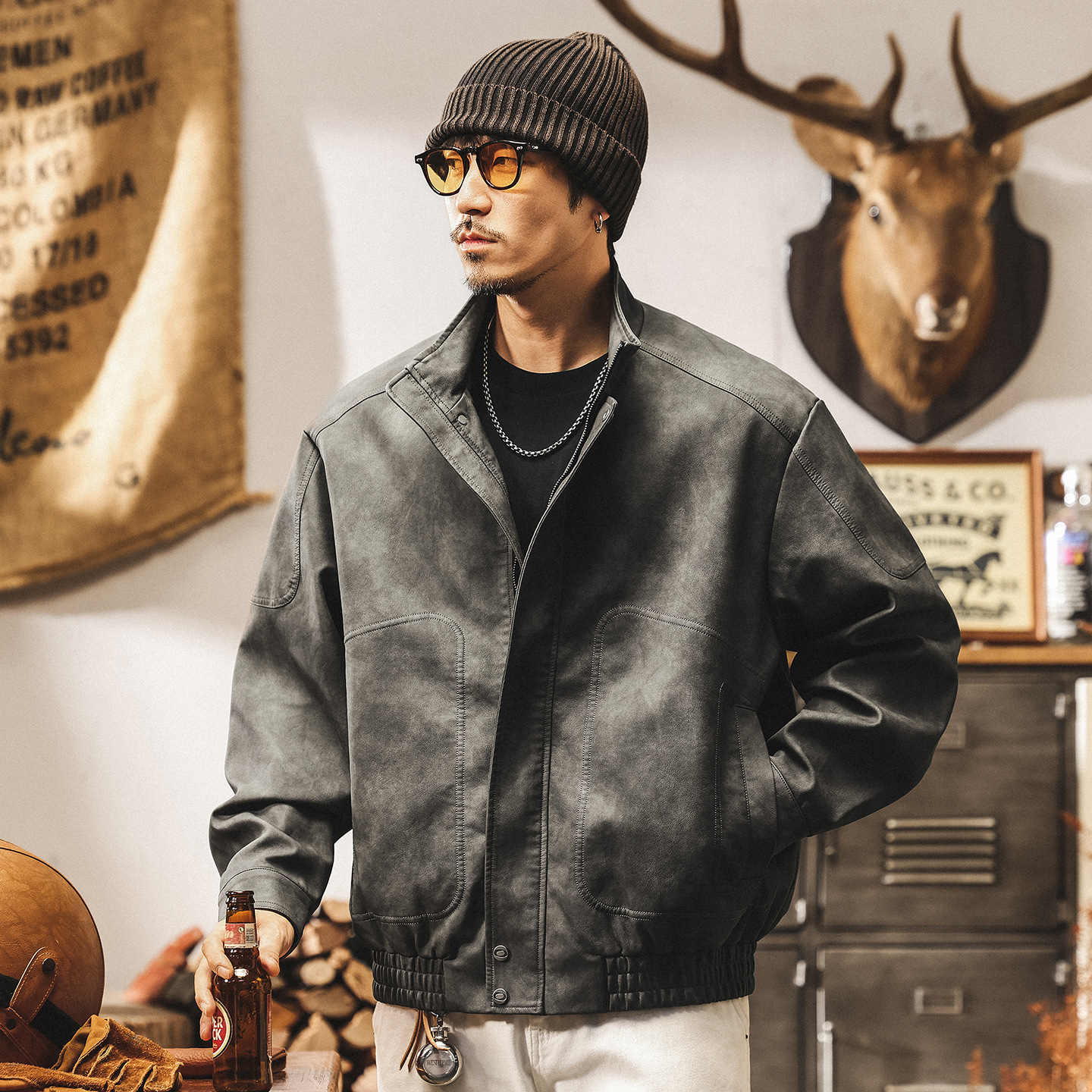 美式復古髒染啞光PU皮衣外套男春秋新款痞帥潮流機車立領皮夾克男