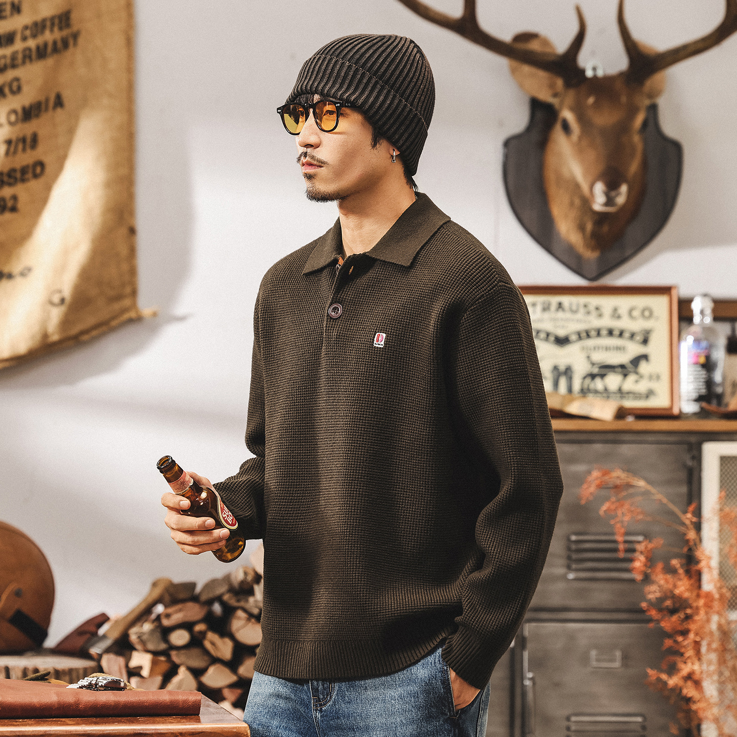 美式復古重磅毛衣男秋冬款翻領古着輕熟寬鬆長袖Polo老錢風針織衫