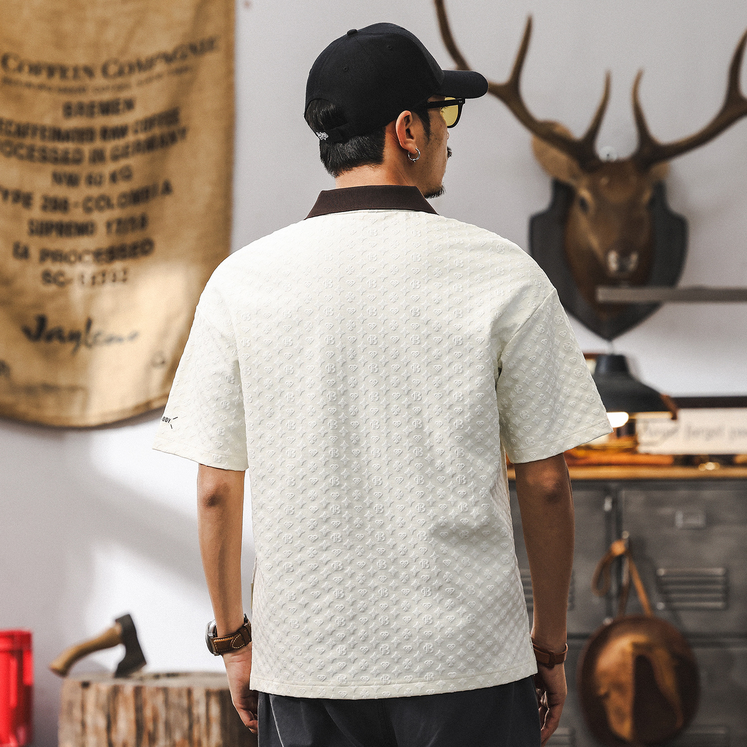 美式復古肌理感提花POLO衫男夏季短袖T恤時尚潮牌寬鬆翻領上衣男