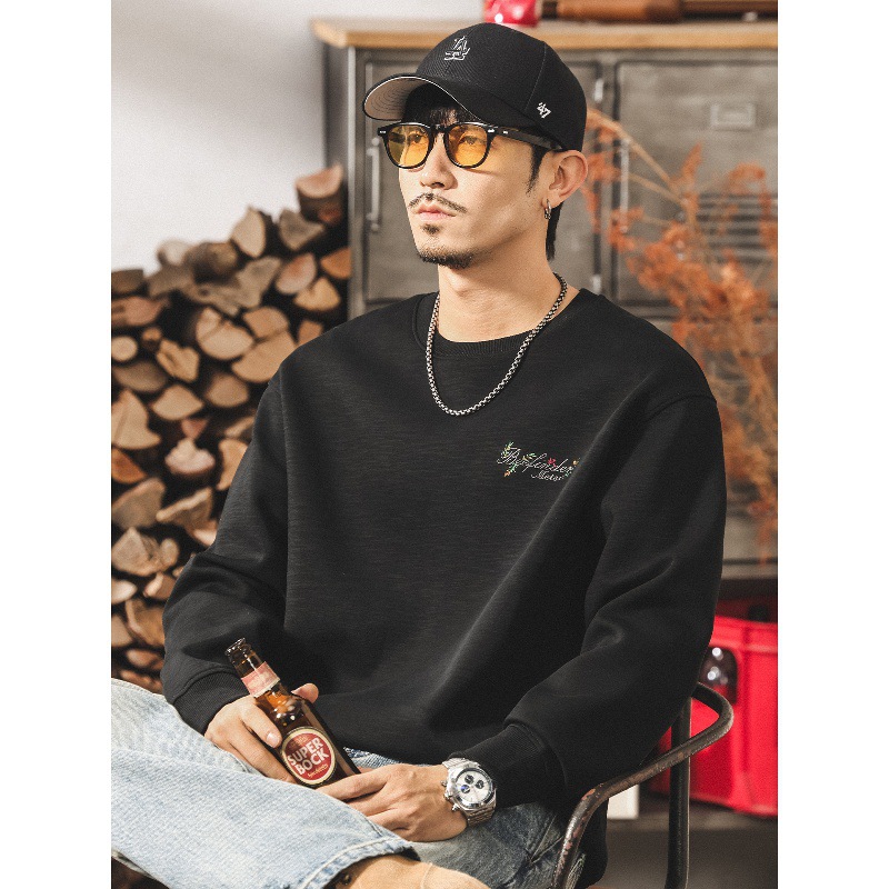 美式復古竹節重磅衛衣男春秋新款潮流彩色刺繡寬鬆大碼男士秋上衣