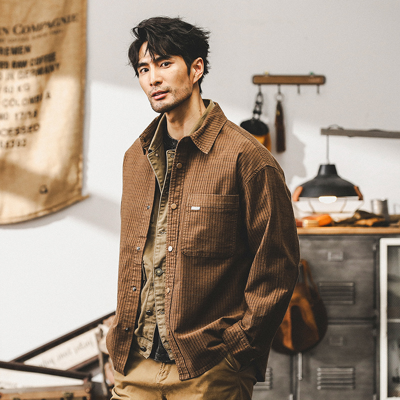 美式複古華夫格工裝襯衫男長袖寬松重磅襯衣戶外通勤男士秋季外套